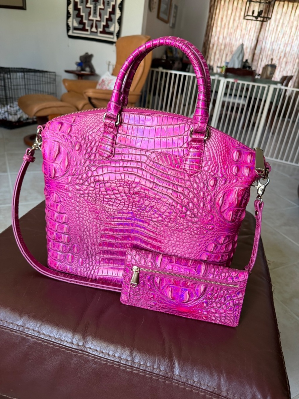 Brahmin Large Duxbury Satchel & Ady Wallet Set Pink Potion Iridescent Rare - Picture 2 of 16
